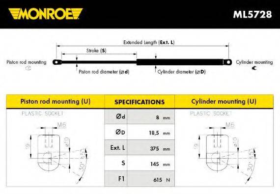 Газова пружина, кришка багажника MONROE ML5728